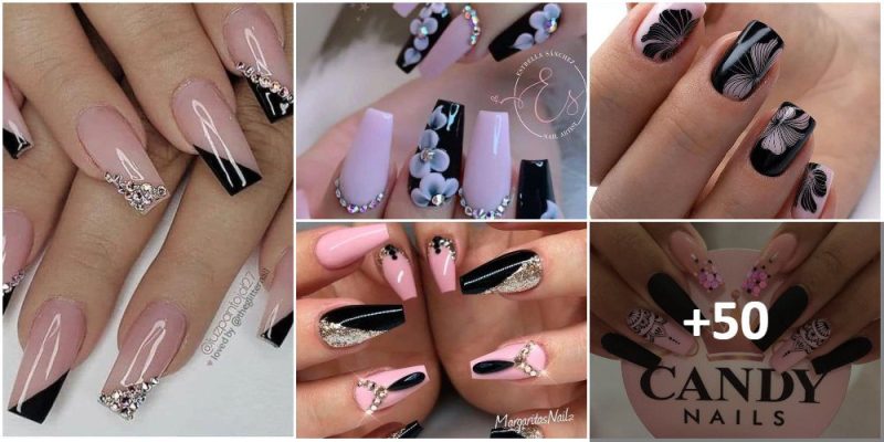 +50 PHOTOS: BLACK NAILS WITH PINK【Matte Glossy Stick】 💅