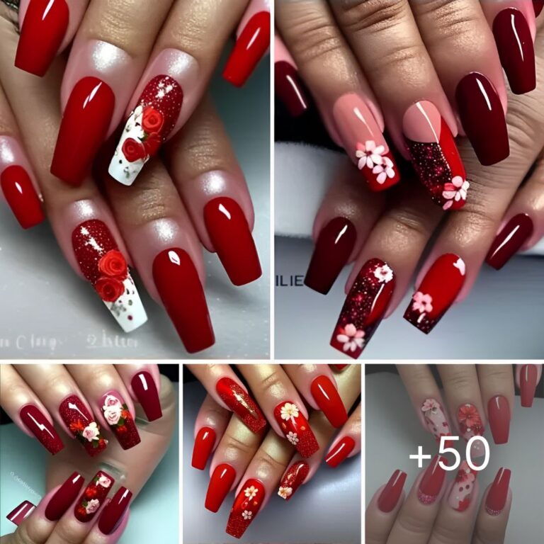Red Coffin Nails with Floral Designs: Beautiful and Feminine Ideasv