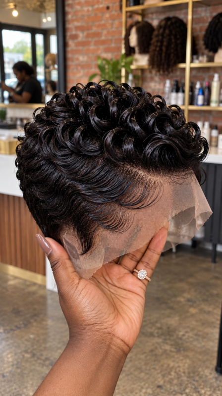 Midnight Black Sculpted Ribbon Curls with Cascading Finger Waves and a Lace Pixie Hairline #realfashionsc