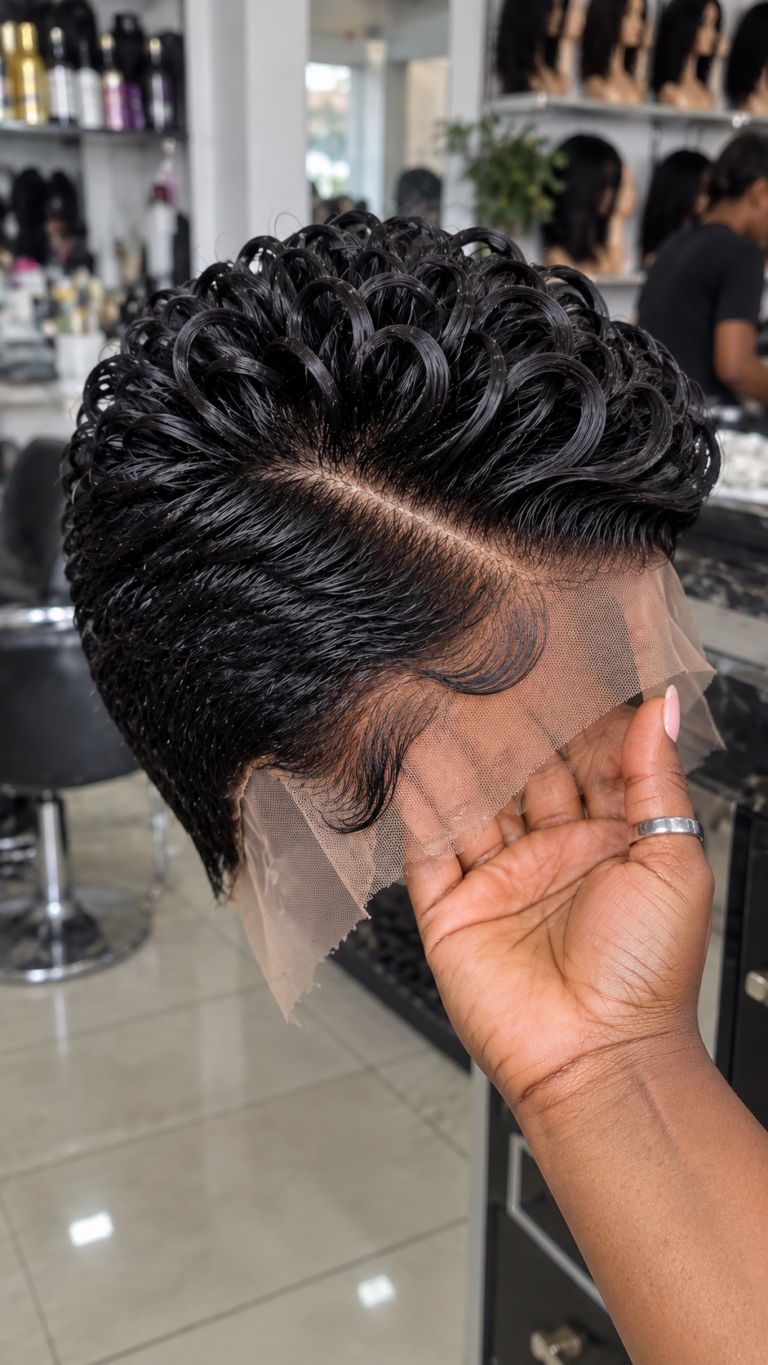 Raven Black Sculpted Loop Pixie With a Diagonal Crown Part and Flowing Lace Hairline #realfashionsc