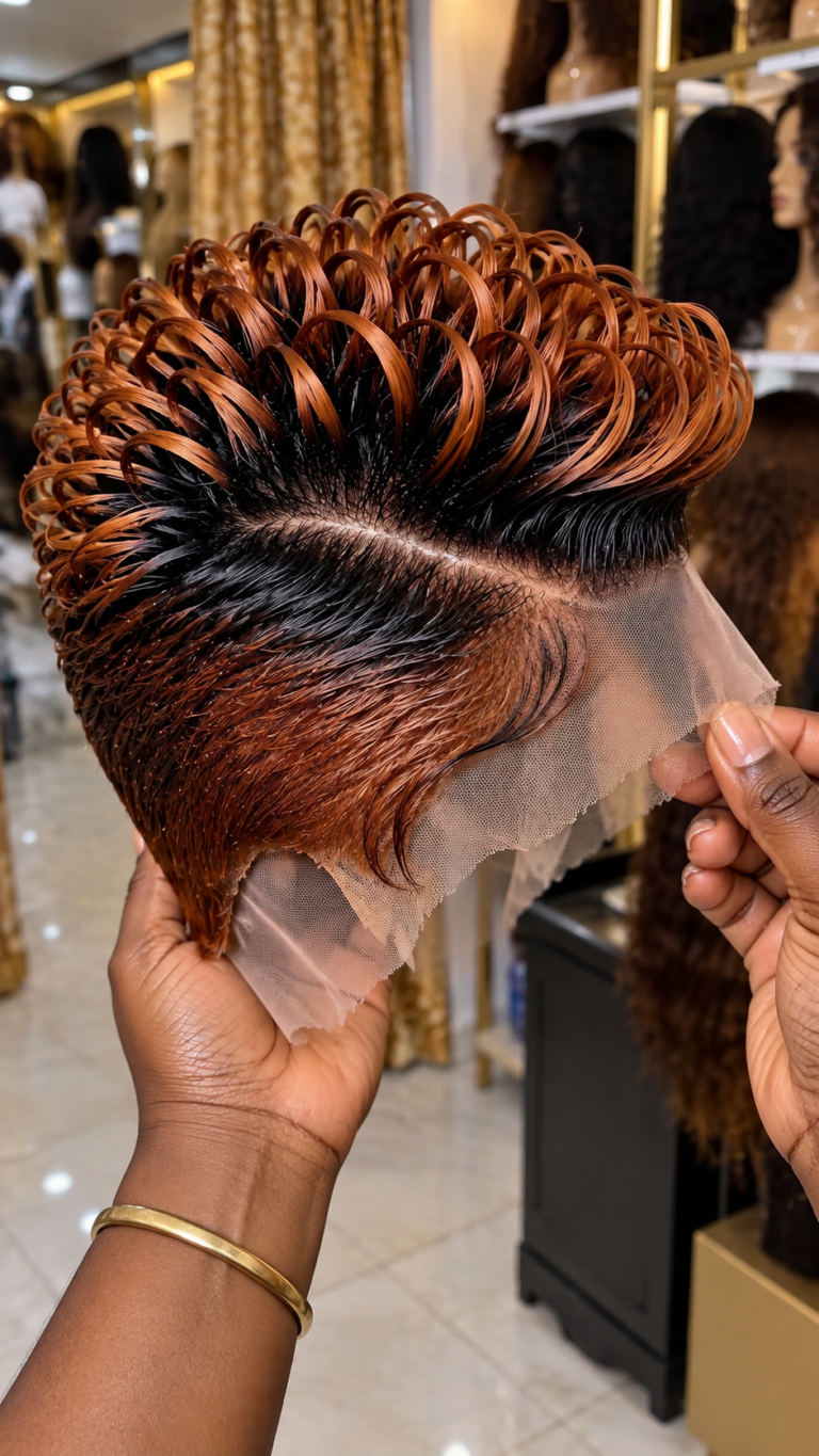 Burnished Copper Ribbon Loop Wig With an Espresso Side Sweep and Exposed Lace Front #realfashionsc